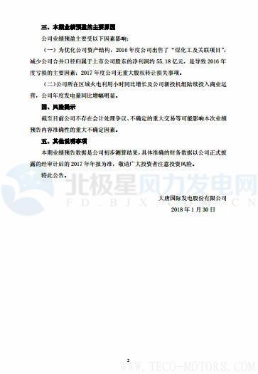 【風(fēng)機(jī)】大唐發(fā)電預(yù)計(jì)2017凈利潤(rùn)128,000萬元到175,000萬元 實(shí)現(xiàn)扭虧為盈 行業(yè)資訊 第2張 【風(fēng)機(jī)】大唐發(fā)電預(yù)計(jì)2017凈利潤(rùn)128,000萬元到175,000萬元 實(shí)現(xiàn)扭虧為盈 - TECO東元電機(jī) | 變頻器·伺服電機(jī)·減速機(jī)·電機(jī)解決方案