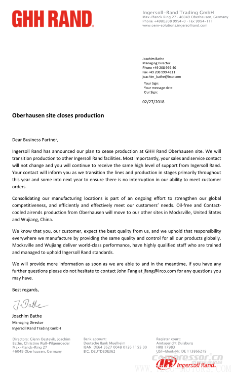 【壓縮機(jī)】GHH壓縮機(jī)奧伯豪森工廠關(guān)閉，部分產(chǎn)能遷往中國(guó)吳江